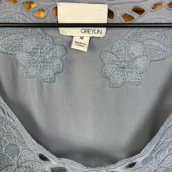 Greylin Womens Medium Blue 100% Silk Top Costal Lightweight Lace Floral Blouse - Picture 8 of 8